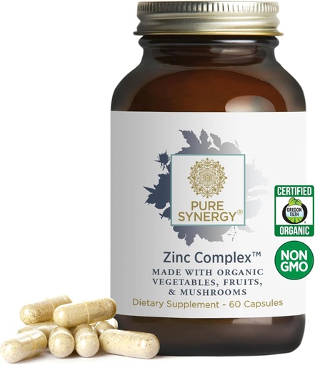 [BRSWYBAZCUBROF3O] PURE SYNERGY Zinc Complex 124; Imune Supplement Support 124; Natural, Vegan Zinc Complex dengan Vitamin C dan Organic Whole Foods 124; untuk Imune, Brain, dan Skin Health (60 Kapsul)