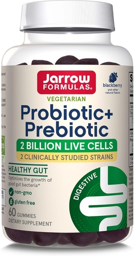 [BRSW2GAOCBYQYC37] Jarrow Formula Probiotic + Prebiotic Dietary Supplement, Digestive Health, Gut Flora+Immune Health - 2 Billion CFU - 2 Clinically Studied Strains - 60 Gummies - Blackberry Flavor