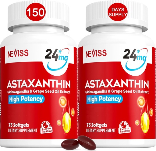 [BRSRMZ3YPMIQYCLK] Suplemen Astaxanthin 24mg, Supply 5 Bulan - Coconut MCT Minyak, sumber Microalgae segar w / Grape Seed Oil, Ashwagandha - Antioksidants untuk Skin sehat, Mata, Penuaan - Non-GMO & Gluten Bebas, 150 Softgels