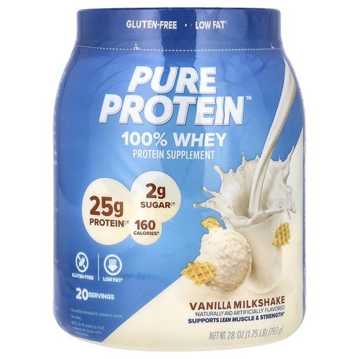 [BRSWIBT5A54ROCD4] Pure Protein Powder, Whey, High Protein, Low Sugar, Gluten Free, Vanilla Cream, 1.75 lbs