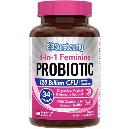 [BRSRAH36CACQIYLO] Probiotics for Women, 120 Billion CFU 34 Strains, Prebiotics, Digestive Enzymes, Cranberry, 4-in-1 Feminine Probiotic, Digestive, Vaginal, Immune Support, 60ct
