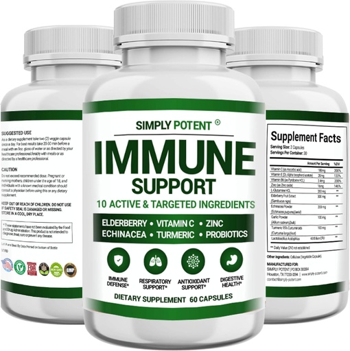 [BRSWYZQ2OJ6WYCY6] Immune Support Supplement, 10 in 1 Immunity Booster Blend of Elderberry, Vitamin C, Zinc, Echinacea, Turmeric, Probiotics & Antioxidants for Immune Defense, Respiratory & Digestive Health, 60 Pills