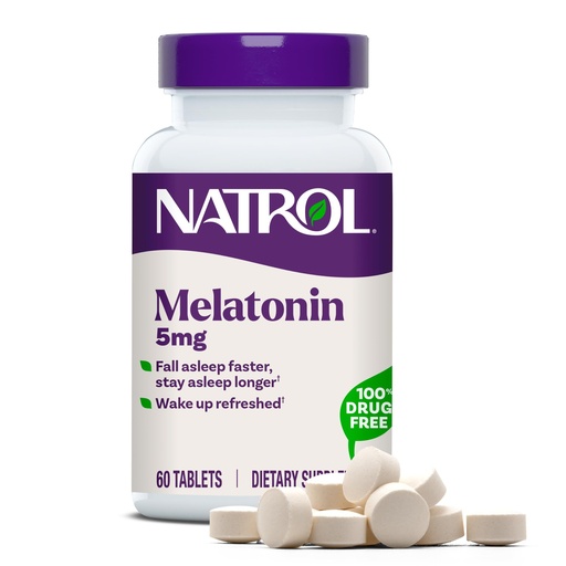[BRSWIFQCAYOBMEDI] Natrol Melatonin 5 mg, Dietary Supplement for Restful Sleep, Sleep Supplements for Adults, 60 Melatonin Tablets, 60 Day Supply