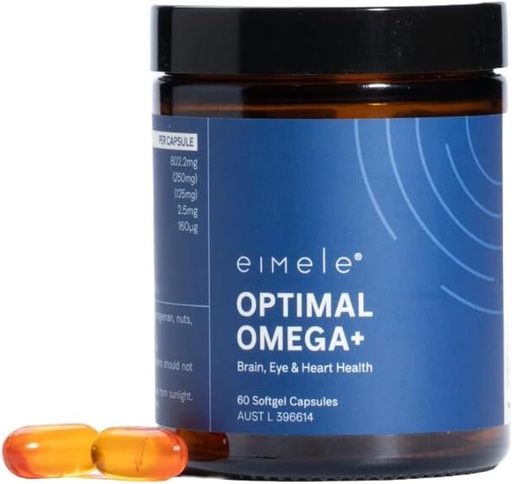 [BRSRA2TYBUNREE3D] eimele | Optimal Omega+ | Plant-Based Omega-3 EPA & DHA | Supplement for Brain, Eye & Heart Health | Antioxidant Support for Cognitive Function & Wellbeing | Non-GMO | Vegan | 60 softgel Capsules