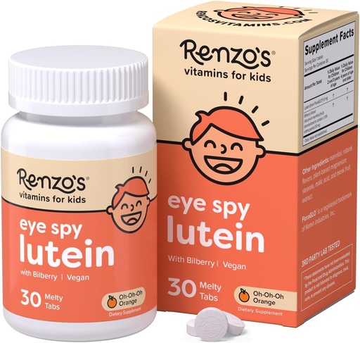 [BRSRAGQOOEPQOALD] Renzo's Eye Spy Lutein with Bilberry Extract, Dissolvable Kids Vitamins for Eye Health, Sugar-Free Supplements, 30 Orange-Flavored Melty Tabs