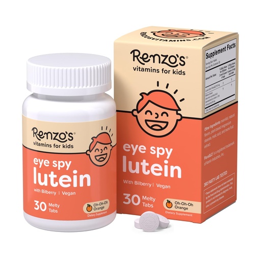 [BRSRAGQOOEPQOALD] Renzo's Eye Spy Lutein with Bilberry Extract, Dissolvable Kids Vitamins for Eye Health, Sugar-Free Supplements, 30 Orange-Flavored Melty Tabs
