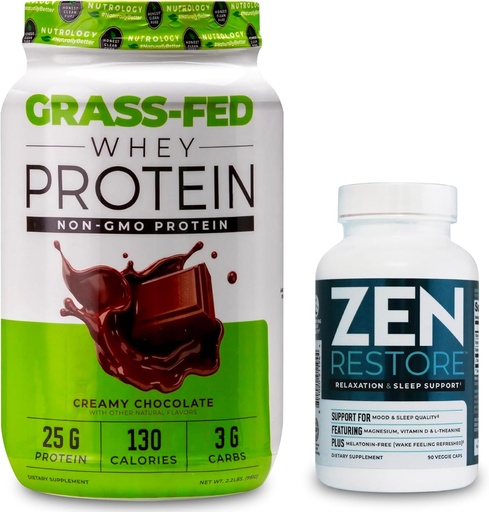 [BRSRAZD5OYGQM3TU] Nutrology Grass Fed Whey Protein Powder, Supports Lean Muscle Recovery & Performance, Creamy Chocolate Flavor (28 Servings) Zen Natural Magnesium Supplement (30 Servings)