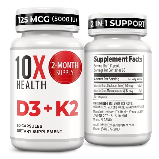 [BRSRAZYTCAOREFA4] 10X Health Vitamin D3 5000 IU & K2 MK7 - Menaquinone 7, High-Potency D3 K2 Vitamin Supplement for Bone Health, Heart and Teeth - 125 mcg Vitamin D & 90 mcg Vitamin K2-60 Capsules