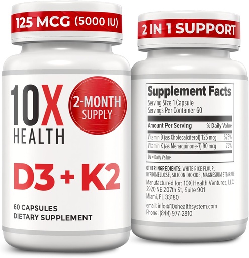[BRSRAZYTCAOREFA4] 10X Vitamina D3 5000 IU & K2 MK7 - Menaquinona 7, suplementos de vitamina D3 K2 para saúde ósea, corazón e dentes - 125 mcg vitamina D e 90 mcg Vitamina K2-60 cápsulas