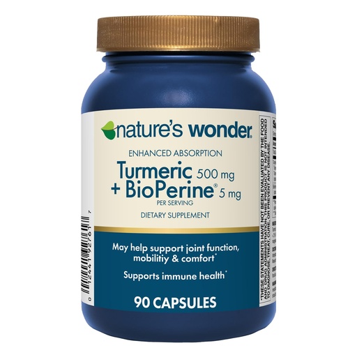[BRSRAFTYAV6GA3TF] Nature's Wonder Turmeric Supplement with BioPerine - Enhanced Absorption Turmeric Complex 500mg with BioPerine 5mg for Joint Function, Mobility, and Comfort, 90 Vegetarian Turmeric Capsules