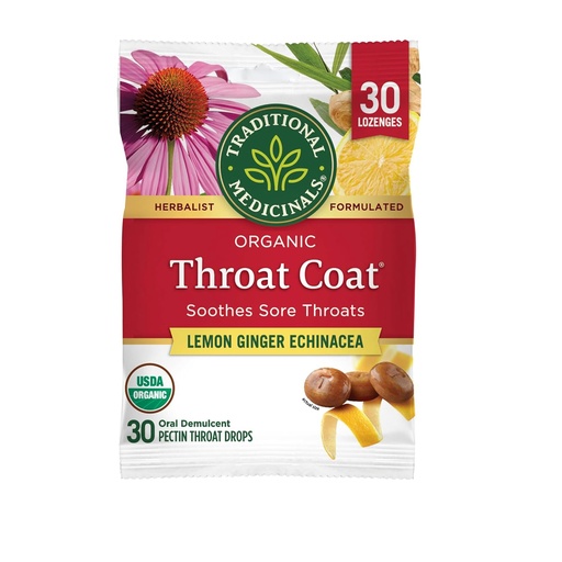 [BRSRAYLRAQPRMAL3] Traditional Medicinals Lozenges, Organic Throat Coat Lemon Ginger Echinacea, Sore Throat Support, 30 Individually Wrapped Lozenges