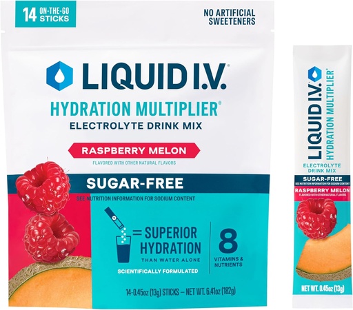 [BRSROGQHOQPGCCA7] 액체 I.V.® Hydration Multiplier Sugar-Free - 라즈베리 멜론 | 전자 분말 음료 믹스 | 1 팩 (14 인분)