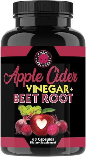 [BRSRAFAPOF7GEELU] Angry Supplements Apple Cider Vinegar + Beet Root Powder Capsules, Pure ACV Beetroot 1000mg per Serving, Digestive Health for Men and Women (60ct, 1-Month Supply)