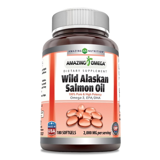 [BRSWIAD7DN5AKFY7] Amazing Omega Wild Alaskan Salmon Oil Supplement | 2000 Mg per Serving | 180 Softgels | Non-GMO | Gluten-Free | Made in USA