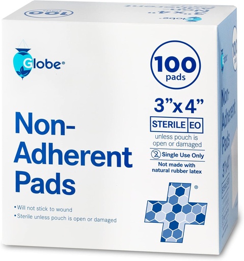 [BRSW22QLBUBBSDQ6] Globe Advanced Sterile Non-Adherent Pads| 100-Pack, 3” x 4”| Non-Adhesive Wound Dressing| Highly Absorbent & Non-Stick, Painless Removal-Switch| Individually Wrapped for Extra Protection (3 x 4)