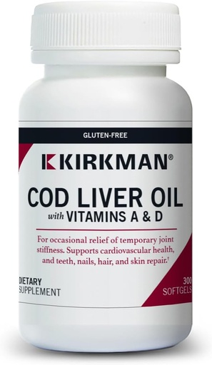 [BRSWIATRA4IWCH34] Kirkman - Cod Liver Oil with Vitamin A & D - 300 Softgels - Essential Fatty Acids - Supports Foundational Health - Hypoallergenic