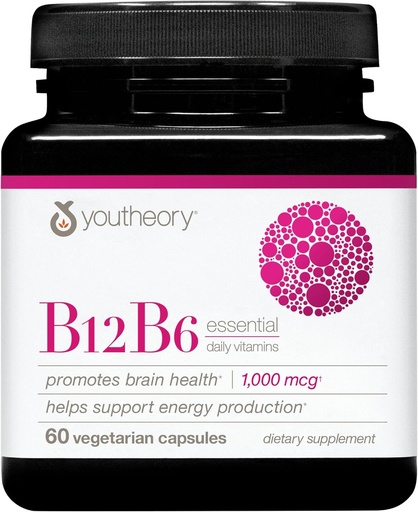 [BRSW2CAYOIPBUFAZ] Youtheory B12B6 - Vegan Vitamin B6 & Vitamin B12 - Beyin Sağlığı, Enerji ve Immunity Support* - Süt, Soy & Gluten Free - 60 Vegetarian Capsules