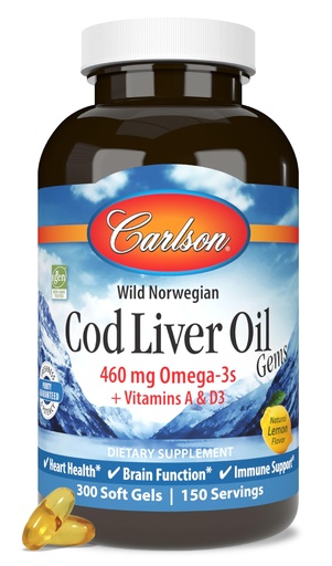 [BRSWIYYFAV5G2EY7] Carlson - Cod Liver Oil, 460 mg Omega-3s + Vitamins A & D3, Wild-Caught Norwegian Arctic Cod-Liver Oil, Sustainably Sourced Nordic Fish Oil Capsules, Lemon, 300 Softgels