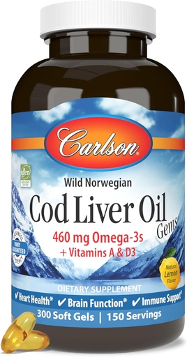 [BRSWIYYFAV5G2EY7] Carlson - Cod Liver Oil, 460 mg Omega-3s + Vitamins A & D3, Wild-Caught Norwegian Arctic Cod-Liver Oil, Sustainably Sourced Nordic Fish Oil Capsules, Lemon, 300 Softgels