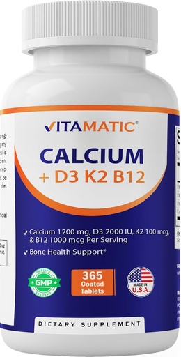 [BRSRAGT2OQJR62T6] Vitamatic Calcium Supplement 1200mg with D3, K2 & B12, Immune & Bone Health Support - 365 Coated Tablets