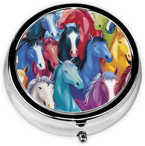 [BRSRAH34BF6GADY3] Colorful Cartoon Horses Printed Round Pill Organizador con 3 Compartments, Portable Mini Pill Box caso de medicamento, vitamina, aceite de peixe, Suplementos