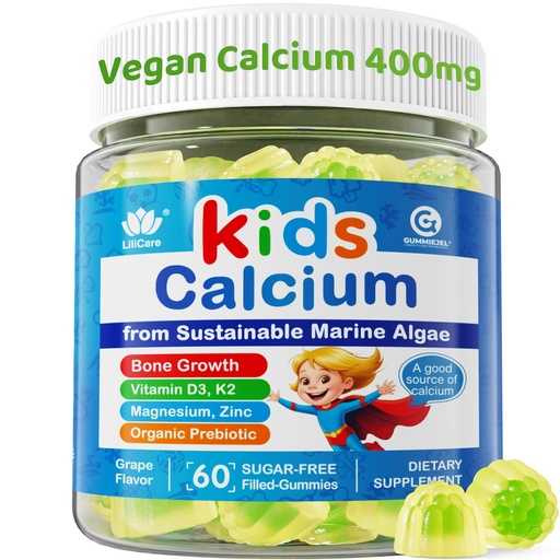 [BRSRAHY7DF4B6ADX] Kids Calcium Gummies + Vitamin D3 K2, Magnesium, Zinc, Extra Absorption Algae Calcium Supplement For Kids Gentle to Stomach, Bone, Teeth, Muscle, Brain, Sugar Free Chewable Kids Vitamins 4+, 60 Counts