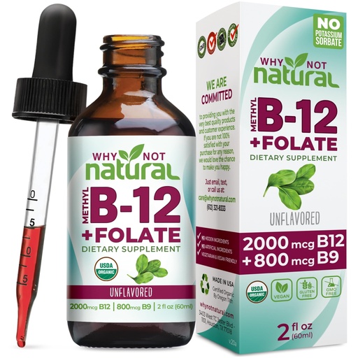 [BRSRMA3YA4CAOCL5] Why Not Natural Vitamin B12 Liquid Plus Folate - Organic Sublingual Extra Strength Vegan Drops - Methyl Supplement with Folinic