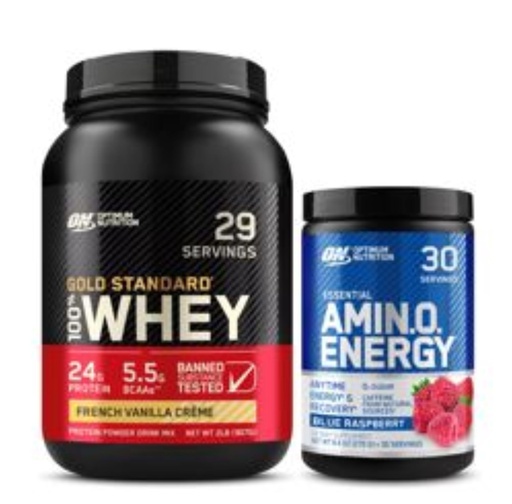[BRSRABQ6OUMQ22Q2] Optimum Nutrition Dynamic Duo Bundle: Amino Energy, Blue Raspberry (30 Servings) and Gold Standard 100% Whey Protein Powder, French Vanilla Creme (29 Servings)