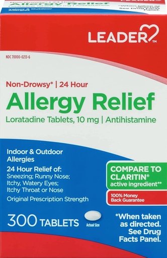 [BRSWG2QZCEIB4HLZ] Leader 24 Hour Allergy Relief, Non-Drowsy, Loratadine 10mg, Antihistamine, Original Prescription Strength, Sinus Relief, Indoor and Outdoor, Counteract Allergy, 300 Tablets
