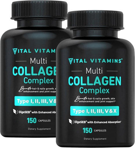 [BRSW2FQZOUNAEHI4] Vital Vitamins Multi Collagen Pills for Women & Men (2-Pack) - Hydrolyzed Collagen Peptides - Type I, II, III, V, X - Grass Fed, Non-GMO
