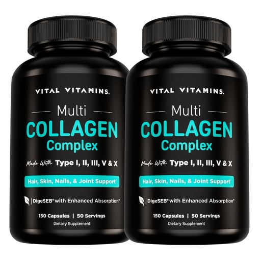 [BRSW2FQZOUNAEHI4] Vital Vitamins Multi Collagen Pills for Women & Men (2-Pack) - Hydrolyzed Collagen Peptides - Type I, II, III, V, X - Grass Fed, Non-GMO