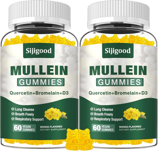 [BRSRA2YHOUHW2AL6] 2 Pack Mullein Gummies for Lungs, Mullein Leaf Extract Supplement for Digestive & Respiratory & Immune Support with Bromelain, Quercetin, Mango Flavor, 120 Count