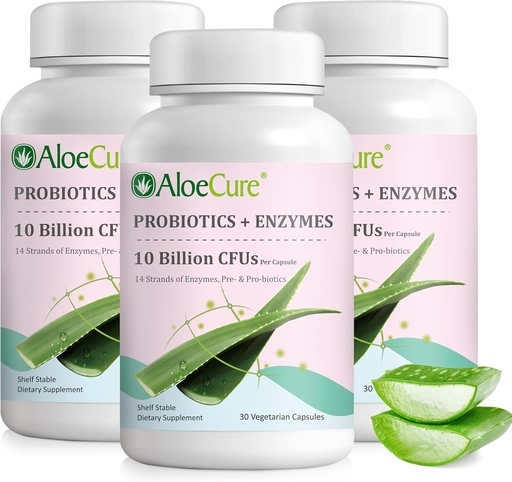 [BRSWYBIPC4JW2AA6] AloeCure Daily Probiotics 10 Billion CFU for Digestive Support 8 Strains, 6 Prebiotics & Enzymes - Digestive Supplement with Bromelain for Women & Men - Gut Support, Digestive Relief, 30 Caps x 3btls