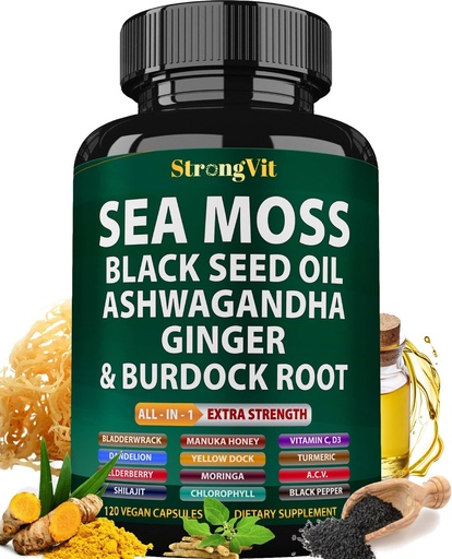 [BRSRAGDYO4BBUDT2] Sea Moss Black Seed Oil Ashwagandha Ginger, Organic Sea Moss Capsules with Burdock Root, Irish Seamoss Pills with Bladderwrack, Turmeric, Shilajit, Multimineral Supplement, USA (120 Capsules)