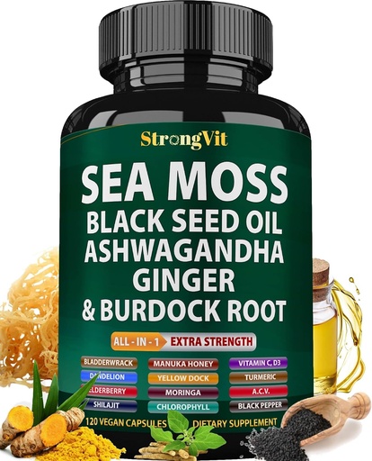 [BRSRAGDYO4BBUDT2] Sea Moss Black Seed Oil Ashwagandha Ginger, Organic Sea Moss Capsules with Burdock Root, Irish Seamoss Pills with Bladderwrack, Turmeric, Shilajit, Multimineral Supplement, USA (120 Capsules)