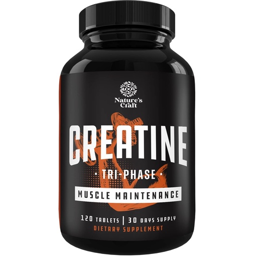 [BRSWY2YBCQJRQYLX] Natures Craft High Strength Tri Phase Creatine Tablets for Women & Men - Formula Blend of Creatine Monohydrate, 300mg HCL & Pyruvate Supplement - Muscle Mass Gain & Recovery Supplement - 120 Count