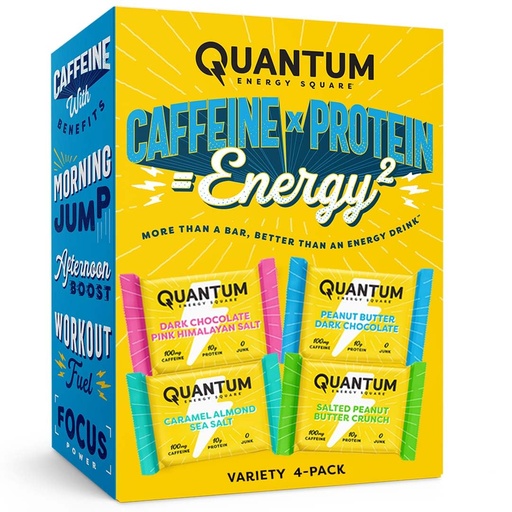 [BRSRMBT7OENGMEYU] Quantum Energy Square - Energy Bar with Caffeine & 10g Protein, Healthy Snack On the Go - Vegan, Gluten-Free, Soy & Dairy-Free - Variety 4-Pack