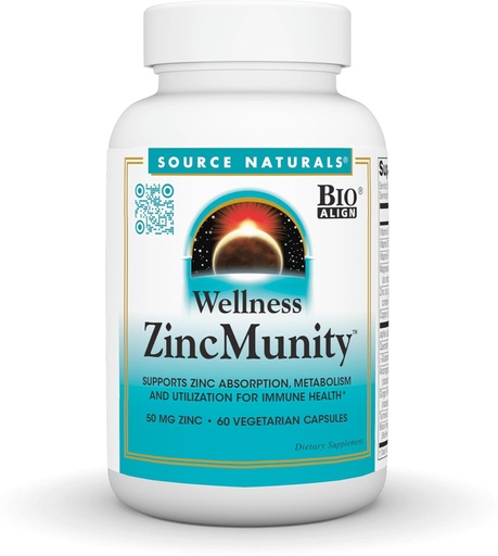 [BRSW2BQ2OIBQEFI3] Source Naturals Wellness ZincMunity, Supports Zinc Absorption, Metabolism and Utilization for Immune Heath*, 50 mg Zinc - 60 Vegetarian Capsules
