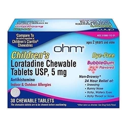 [BRSW2EATDMORMH32] Ohm Children's Allergy Medicine, Loratadine 5mg, Chewable Tablets (30 Count) Bubblegum Flavor, Non-Drowsy Antihistamine, 24-Hour Allergy Relief for Runny Nose, Watery Eyes, Itchy Throat & Nose
