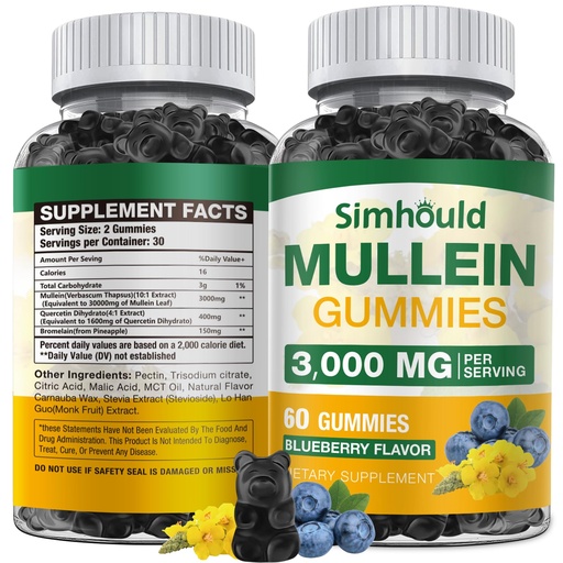 [BRSROCYFCF4GMD3B] Simhould 1 Pack Sugar Free 3000MG Mullein Gummies - Lung Cleanse, Mullein Leaf Extract Supplement for Respiratory, Organic Mullein Drops with Quercetin & Bromelain for Lung, Digestive Health & Immune