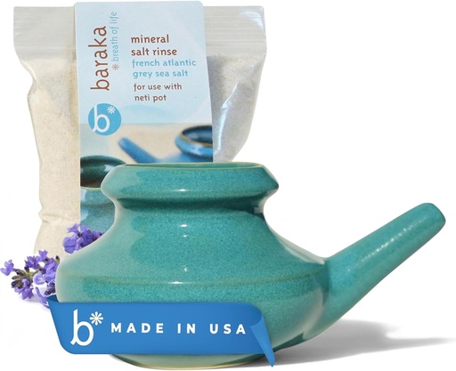[BRSWGGQZA4NR4FD6] Baraka Neti Pot Tool Kit - Snoring & Saline Solution, Handcrafted Ceramic Dishwasher Safe with 2oz Mineral Sea Salt for Nose Cleaning & Sinus Rinse Perfect for Allergy Relief in Adults & Kids (Jade)