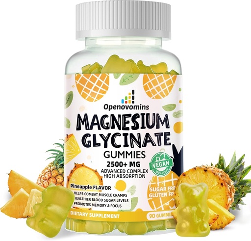 [BRSRAGQTC4HAGET3] Magneziu Glycinate Gumries 2500mg - Zahăr gratuit de magneziu supliment de potasiu cu vitamina D, B6, CoQ10 pentru calm Mood & Sleep Support - 90 Ananas Gummies