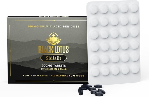 [BRSRMAAYCQARGELV] Black Lotus Shilajit Resin Tablety, 60 Počet, 200mg Každý, 100% Pure Natural Shilajit pre mužov a ženy s aminokyselinami, 140mg kyseliny fulvovej, 85 Iónové stopové minerály, pre imunitnú podporu, Focus, Energy