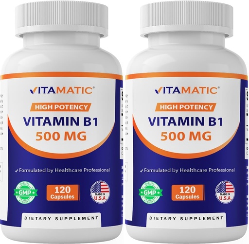 [BRSW2YYHBUPQEEY2] Vitamatic Vitamin B1 (Thiamine) 500mg – 2 Pack (120 Capsules Total)