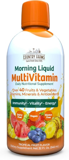 [BRSRO2QTBV5GKFLH] Country Farms Liquid Multivitamine, Vitaminen en Mineralen voor Immune Ondersteuning en Energie, Kruiden Blend, Vegan, Multivitamine voor vrouwen en mannen, Glutenvrij, Tropische Fruit smaak, 32 fl oz