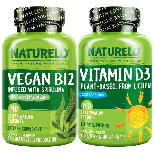 [BRSROFAOOR6B423V] NATURELO Vitamin D - Plant Based from Lichen - 180 Mini Capsules, Vegan B12, 1000 mcg Methylcobalamin - 90 Capsules