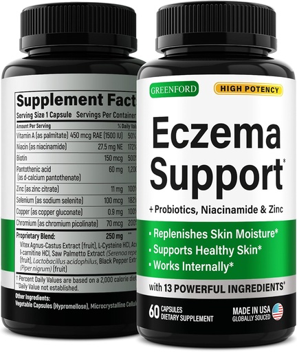 [BRSW2HQEBYDRSFDB] Greenford Eczema Treatment & Support for Natural Relief - Made in USA - Skin Vitamins & Herbals for Eczema, Acne, Psoriasis, Rosacea Treatment with Zinc, Niacinamide & Probiotics - 60 caps