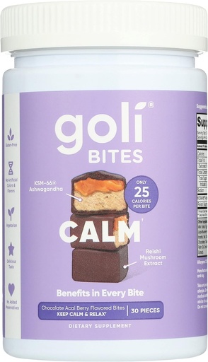 [BRSRMZIKB4CAG3A3] Goli Nutrition Calm Ashwagandha Bites Chocolate Acai Berry Flavor, Caffeinated, Vegetarian, Gluten Gratis y No Añadido Preservadores, 30 piezas (Pack of 1)