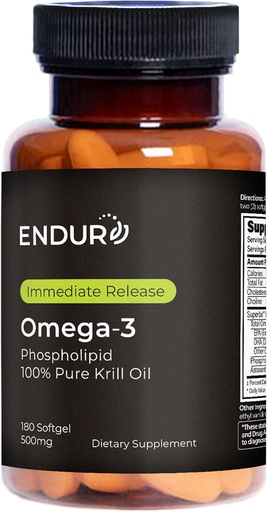 [BRSWKZT3CYDQ4CT2] Endur Omega-3 Phospholipid (100% Pure Krill Oil), Heart Health Supplement, Formulated for Optimal Absorption, Gluten Free, 500mg (180 Softgels)