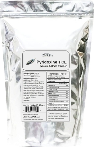 [BRSWIFYQCMDRA23I] Pyridoxin HCl vitamin B6 ren pulver 100g (3.52oz)